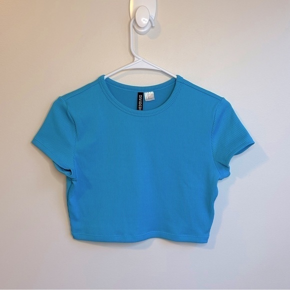 H&M Crewneck Ribbed Crop Top Aqua Blue Size Medium - Picture 7 of 7